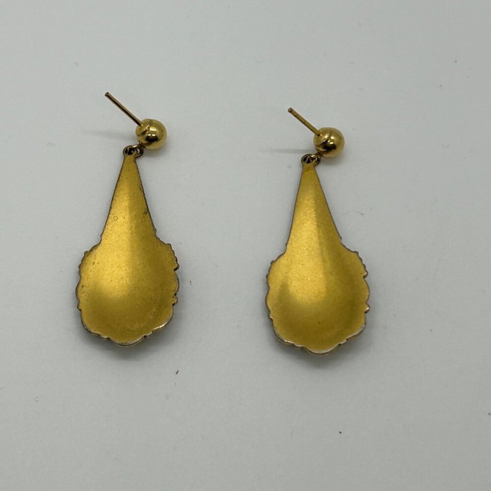 Vintage Damascene Teardrop Dangle Earrings Gold-Tone Silver-Tone Inlay Retro - Picture 5 of 8
